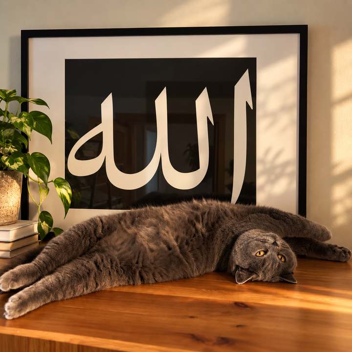 Gray cat resting beside framed Ism al-Jalālah artwork in a home